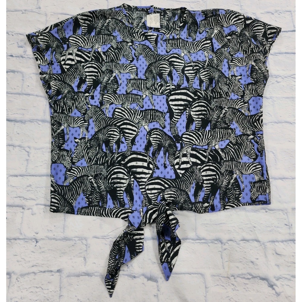 Jacques Vert Blouse Top WOMENS SIZE 10 Purple Zebra Print Tie Hem VINTAGE 90s